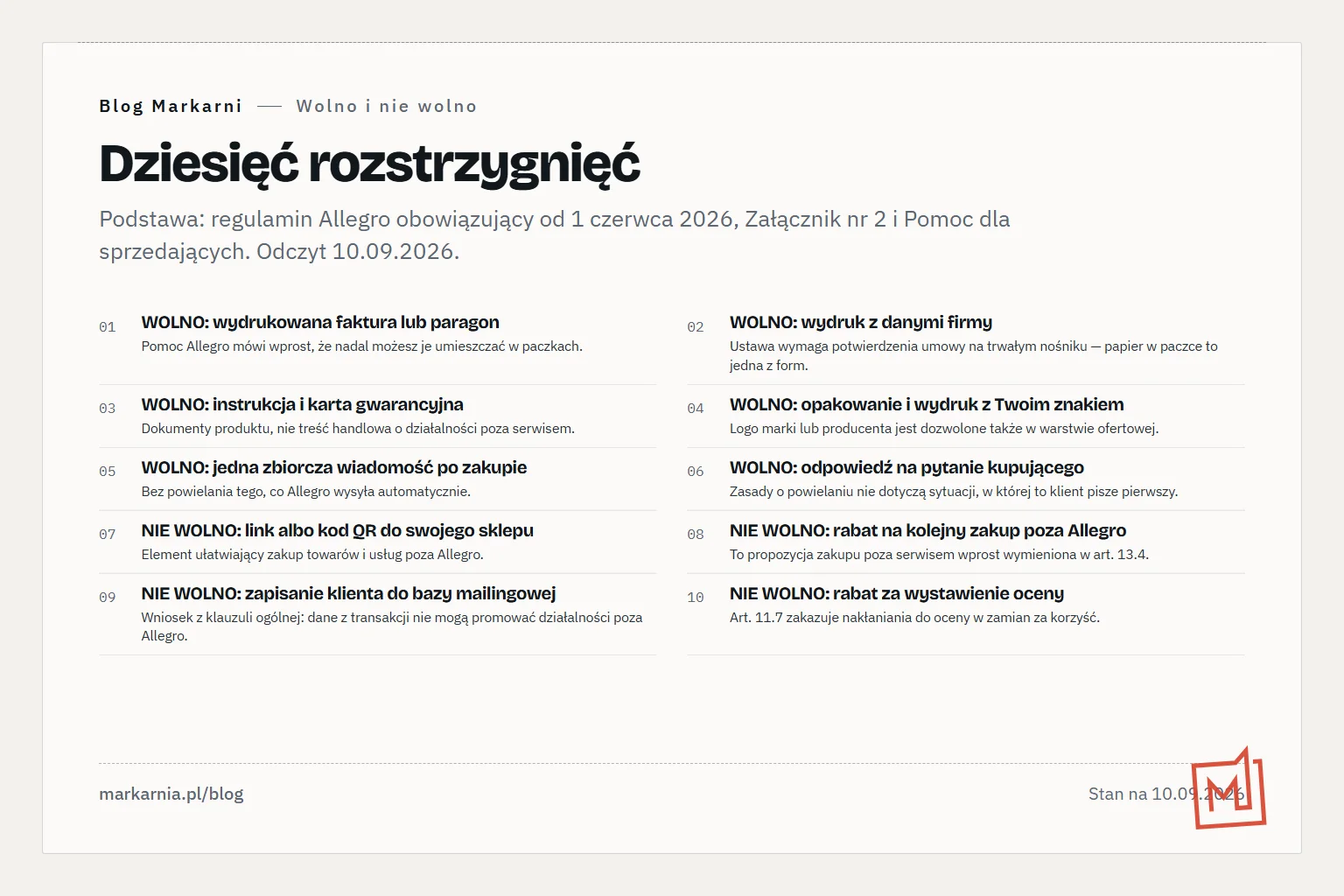 Numerowana lista dziesięciu rozstrzygnięć: co wolno, a czego nie wolno włożyć do paczki i napisać kupującemu na Allegro, z krótkim uzasadnieniem przy każdej pozycji.