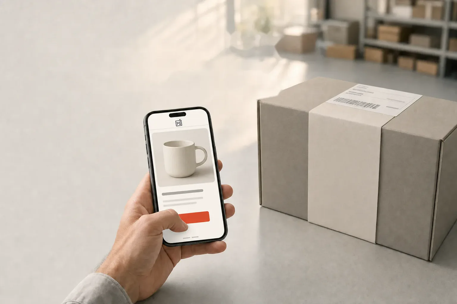 Dłoń trzyma telefon z ofertą produktu, obok na jasnym blacie stoi markowe pudełko z tłoczonym sygnetem — ten sam produkt w dwóch kanałach sprzedaży.