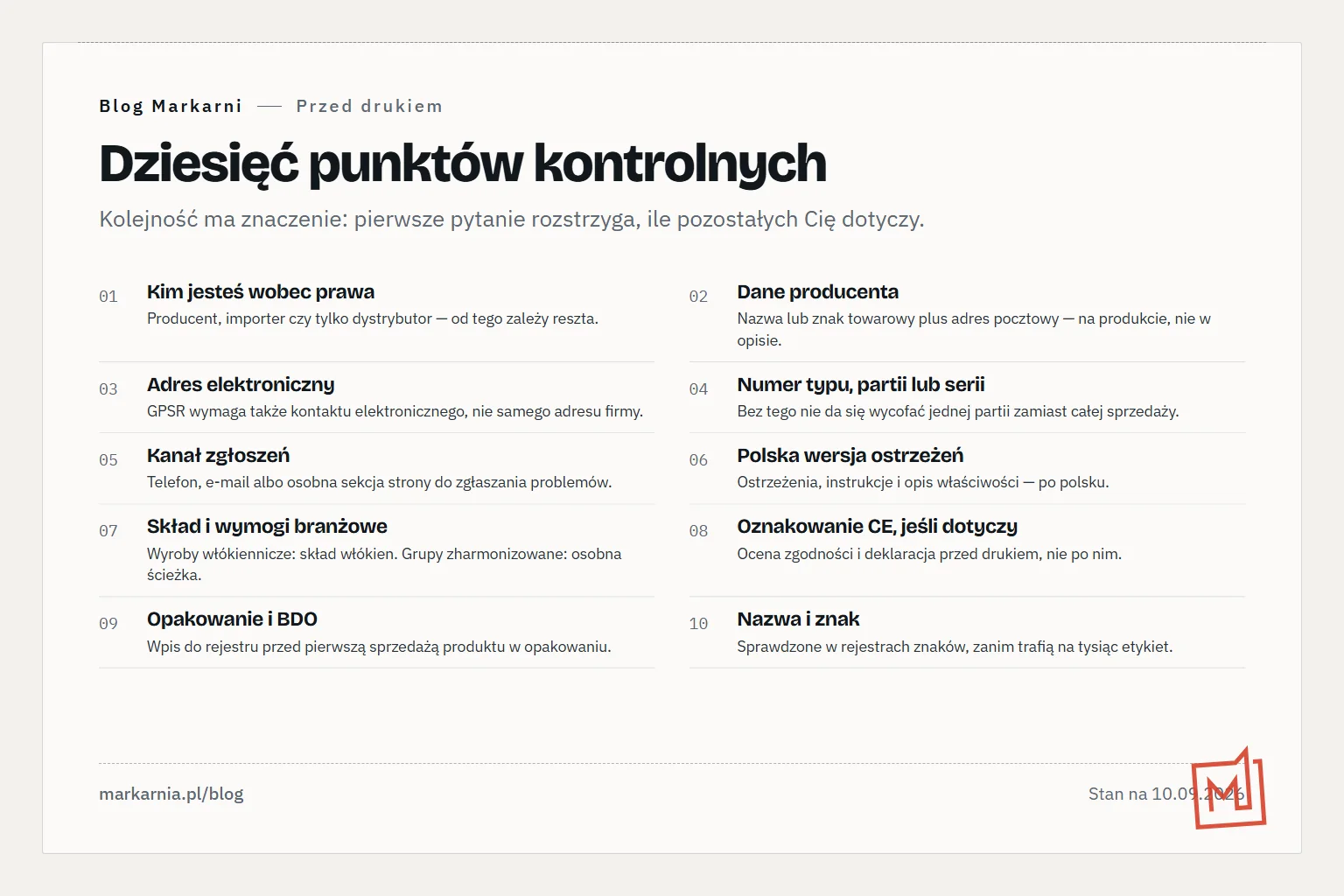 Numerowana lista dziesięciu punktów do sprawdzenia przed zamówieniem druku etykiety: rola prawna, dane producenta, numer partii, adres elektroniczny, język polski, skład, CE, opakowanie, BDO, nazwa marki.