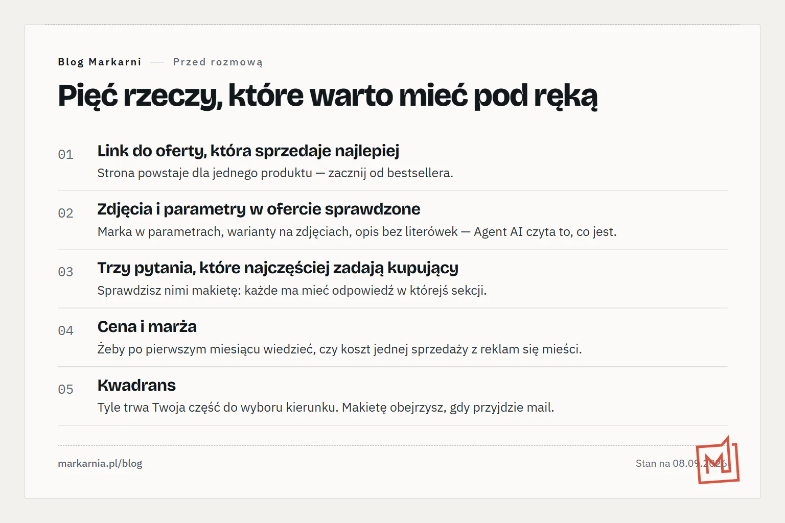 Numerowana lista pięciu rzeczy do przygotowania przed rozmową: link do najlepszej oferty, sprawdzone zdjęcia i parametry, trzy pytania klientów, cena i marża, kwadrans czasu.