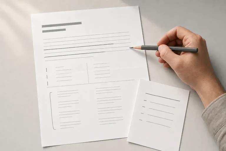 Dłoń z ołówkiem nad wydrukiem formularza z polami i listą punktów, obok druga kartka z notatkami — przegląd oferty przed wklejeniem linku.