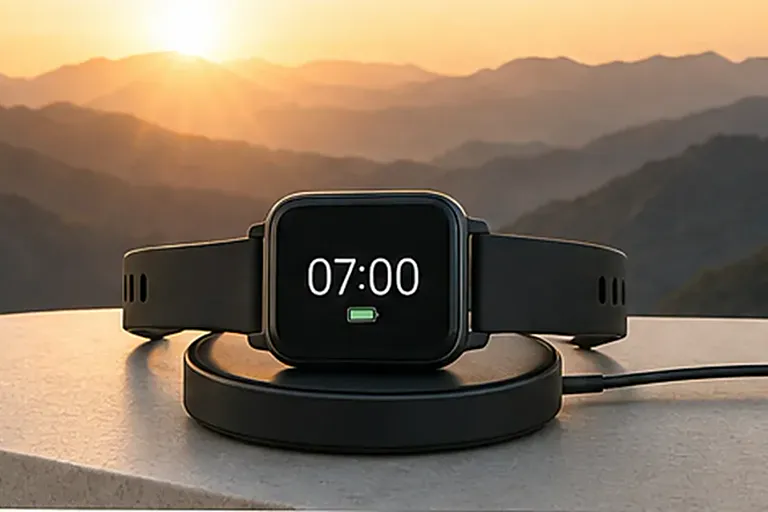 Smartwatch z podświetloną tarczą na ładowarce, na kamiennym blacie o wschodzie słońca nad wzgórzami — przykład sceny hero w kierunku „poranek na szlaku”.