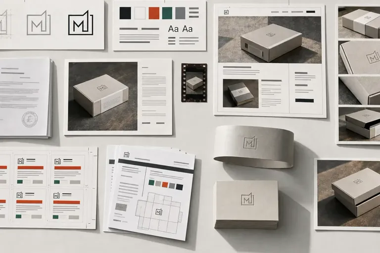 Flat-lay materiałów marki na jasnym blacie: arkusz ze znakiem w trzech wersjach, karta kolorów i typografii, wydruk projektu strony, etykiety, banderola, wizytówki i zdjęcia markowego pudełka.