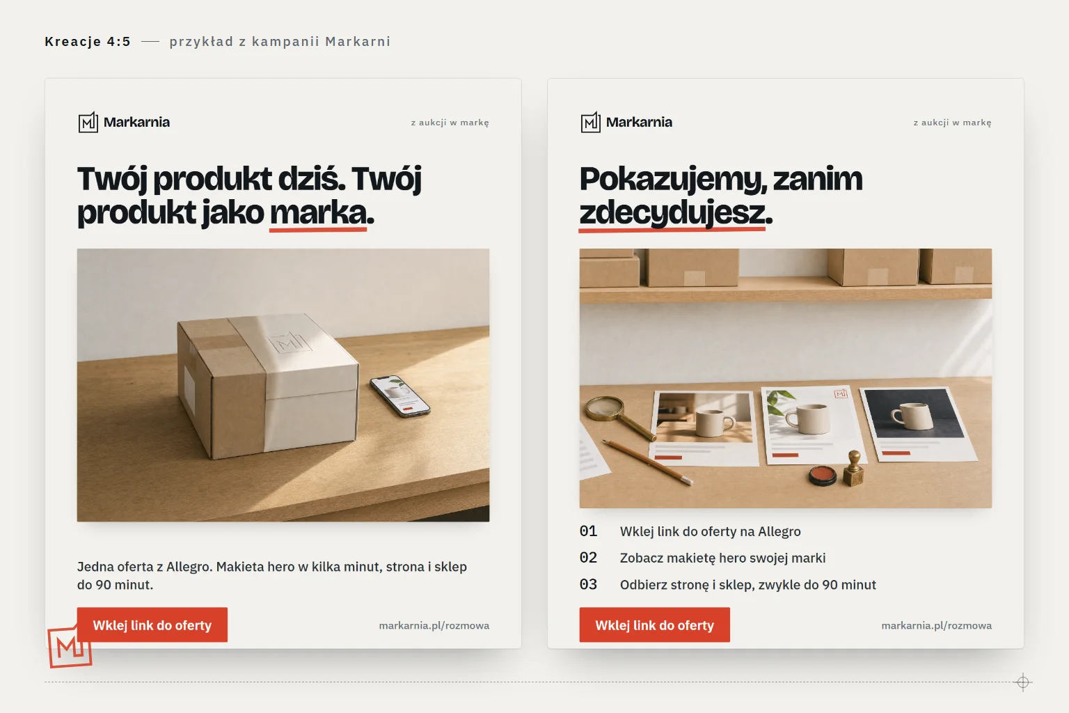 Dwie kreacje reklamowe w formacie 4:5 z kampanii Markarni: nagłówek, scena z produktem na blacie, przycisk — układ, w jakim powstają kreacje dla produktu klienta.