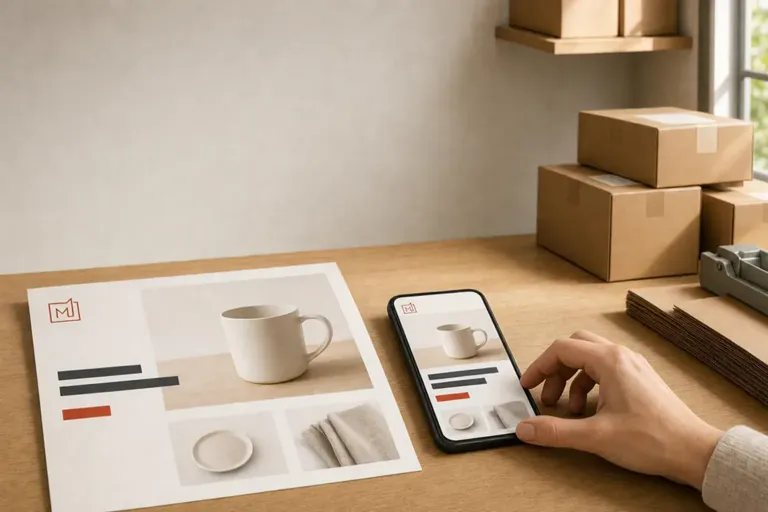 Na blacie wydruk sekcji hero z kubkiem, obok telefon z otwartą stroną sklepu tego samego produktu i paczki — materiały marki gotowe do reklamy.