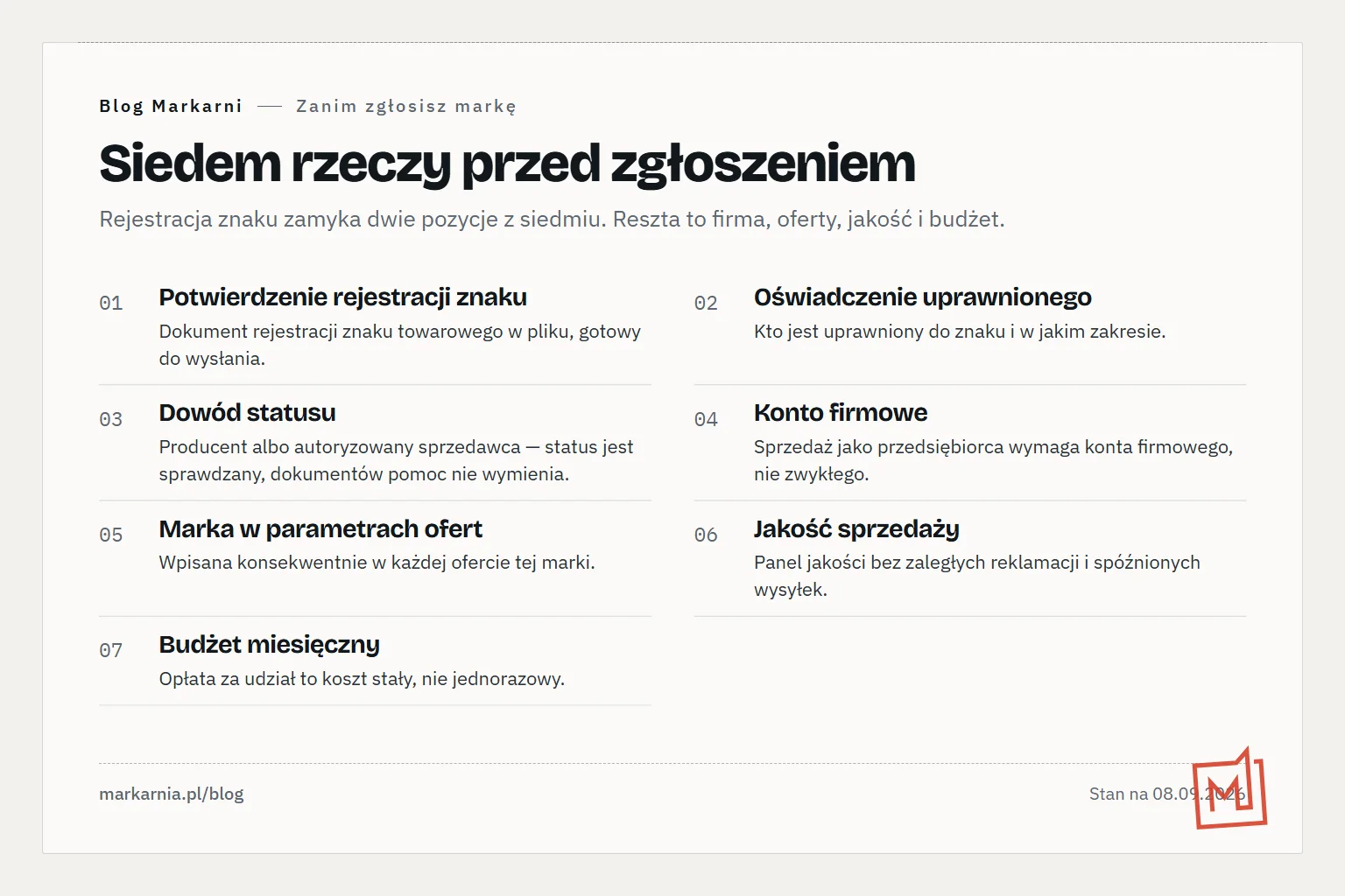 Numerowana lista siedmiu rzeczy do przygotowania przed zgłoszeniem do Strefy Marek: świadectwo znaku, oświadczenie uprawnionego, dowód statusu producenta, konto firmowe, marka w parametrach ofert, jakość sprzedaży, budżet miesięczny.