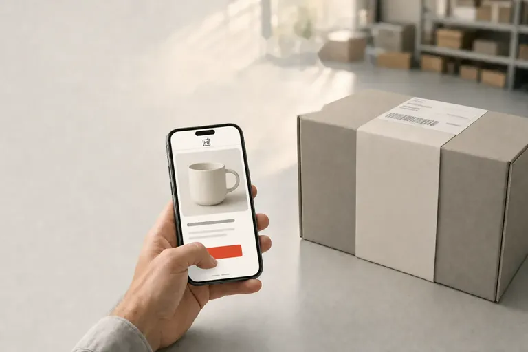 Dłoń trzyma telefon z kartą produktu marki, obok na jasnym blacie stoi zaadresowana paczka — ten sam produkt w dwóch kanałach sprzedaży.